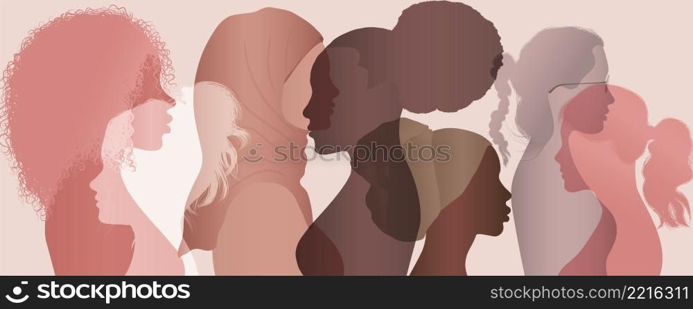 Communication group of multicultural diversity women and girls - face silhouette profile. Female social network community of diverse culture. Racial equality.Friendship. Colleagues.Speak