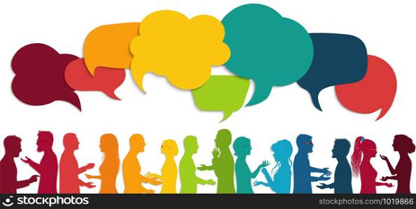Communication group people. Speech bubble cloud. Talking crowd. Network silhouette profile. Communicate. Community diverse people. Social networking information