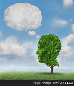 Communication growth with a tree shaped as a human head with a blank word bubble made of clouds as a business concept of growing ways of sending a message using cloud technology.