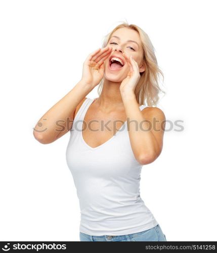 communication, information and people concept - happy beautiful young woman in white top and jeans with blonde hair shouting or calling someone. happy young woman shouting or calling someone