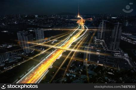 Communication network and traffic light on highway .Concept of smart city network, internet communication and digital traffic management system .