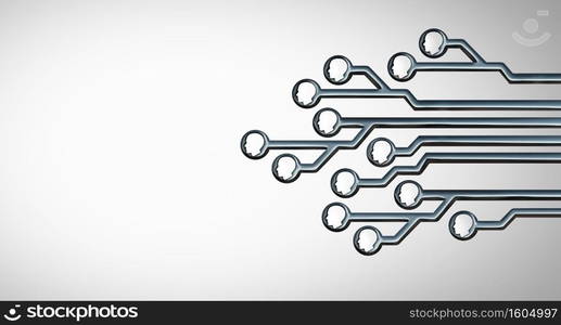 Communication technology and tech discussion and artificial intelligence or AI and virtual reality technologies in a 3D illustration style.