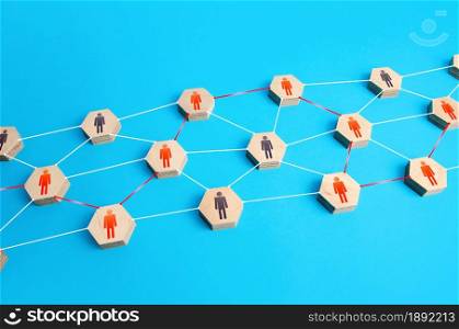 Communication through a chain of people. Cocenpt for the transmission of information. Involvement and interaction of people. Cooperation for solving tasks. Networking. Assistance and collaboration.