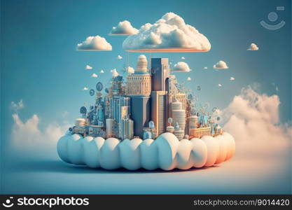 Communication with cloud storage, Smart City on podium with Digital cloud over virtual Technology data on server , Generative Ai