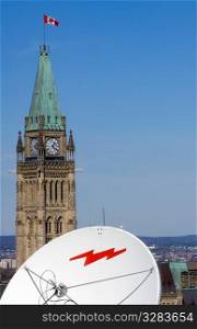 Communications satellite dish in front of Canada&acute;s Parliament Buildings.