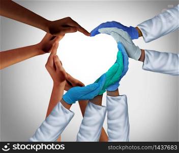 Community and Health Workers and Essential care medical group or hospital medicine teamwork as a group of doctors and nurses joining together in a heart shape with patients in a 3D illustration style.