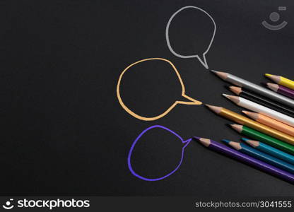 Community communication, represents people conference, social me. Community communication, represents people conference, social media interaction & engagement. group of pencils sharing idea on the black background with copy space