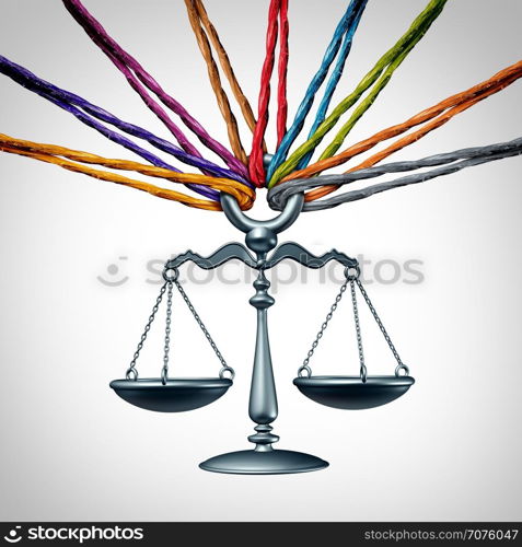 Community law or class action lawsuit and legal assistance concept as a group of diverse ropes representing social justice and cooperating together to provide judicial advice with 3D illustration elements.