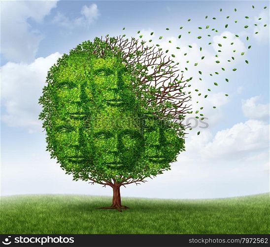 Community loss and losing social connections as a business and lifestyle concept with a green tree that is losing leaves as in the autumn season shaped as a group of human heads.