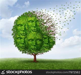 Community loss and losing social connections as a business and lifestyle concept with a green tree that is losing leaves as in the autumn season shaped as a group of human heads.