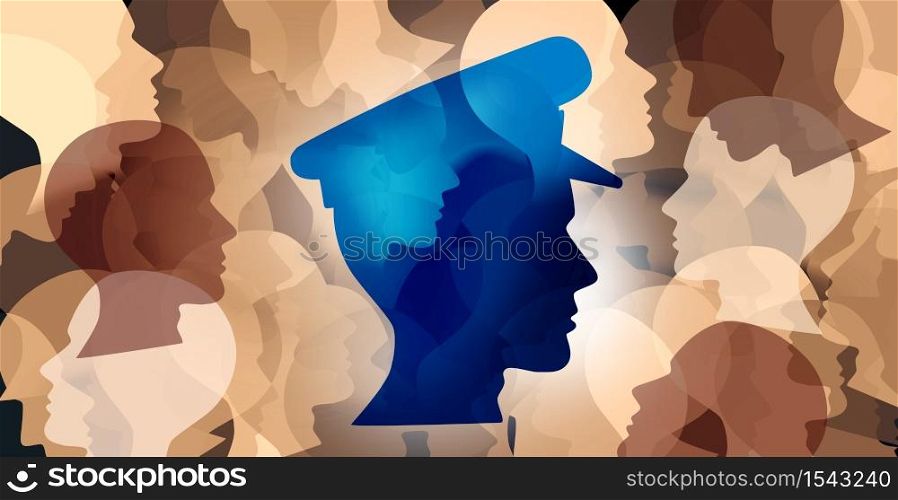 Community policing and police in society building trust as law enforcement with law enforcement in social diverse crowd as a policeman or policewoman symbol and diversity in a 3D illustration style.