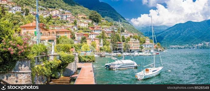 Como lake idyllic watefront in village of Ossuccio panoramic view, Lombardy region of Italy