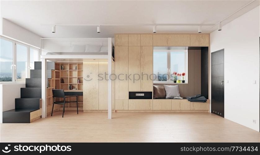 compact apartment design concept. 3d interior rendering