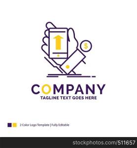 Company Name Logo Design For phone, hand, Shopping, smartphone, Currency. Purple and yellow Brand Name Design with place for Tagline. Creative Logo template for Small and Large Business.