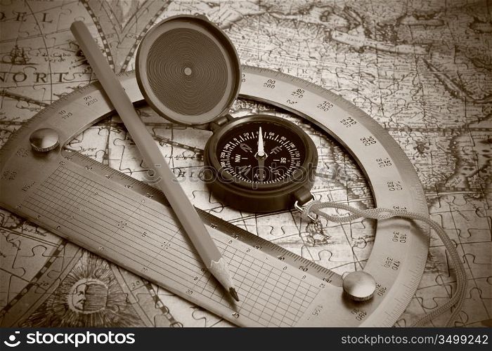 compass and protractor on the map