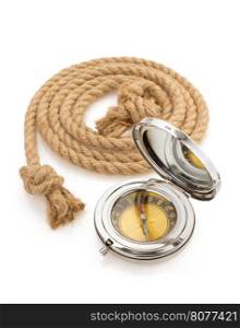 compass and ship rope isolated on white background