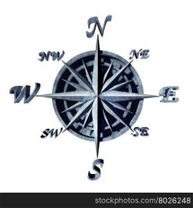 Compass icon as a navigation object with north south east and west directions as a 3D illustration symbol for travel direction.