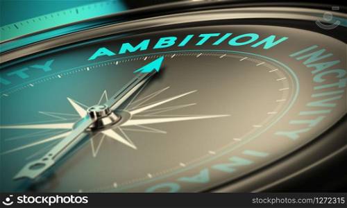 Compass needle pointing the word ambition over black background. Concept illustration of determination and having success . Ambition