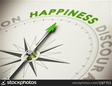 Compass needle pointing the word happiness concept of well-beign and motivation. Achieving Happiness Concept