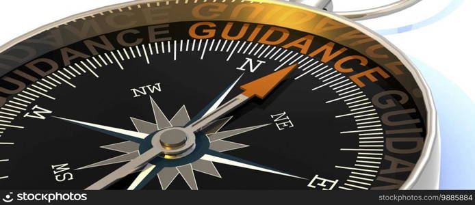 Compass needle pointing to word guidance, 3d rendering