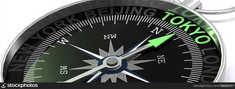 Compass needle pointing to word Tokyo, 3d rendering