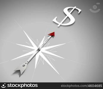 Compass of success. Conceptual image of compass directing at dollar symbol