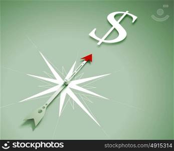 Compass of success. Conceptual image of compass directing at dollar symbol
