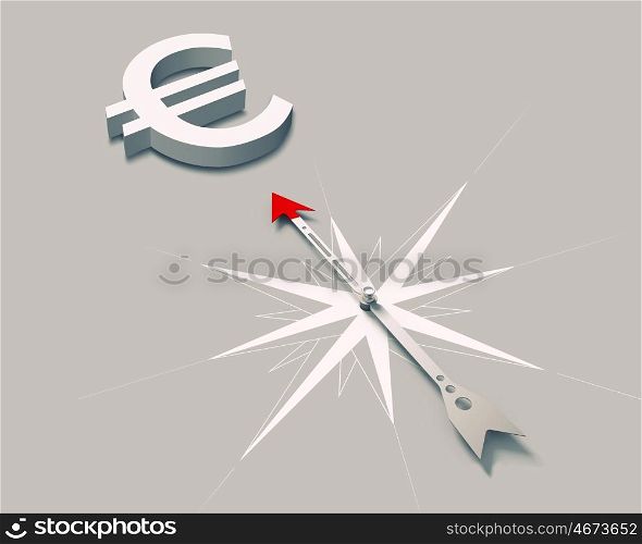 Compass of success. Conceptual image of compass directing at euro symbol
