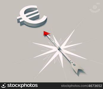 Compass of success. Conceptual image of compass directing at euro symbol