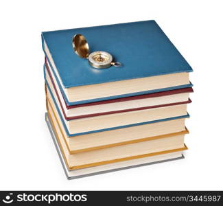 compass on a pile of books isolated on white background