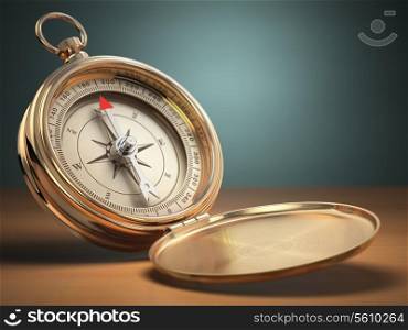 Compass on green background with space for text. Navigation. 3d
