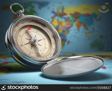 Compass on world map background. Navigation. 3d