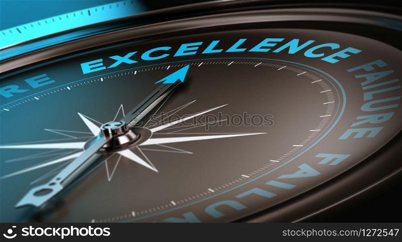 Compass with focus on the word excellence. Quality service concept suitable for motivational poster or header of a website. Blue and black tones. Excellence Concept, Quality Service