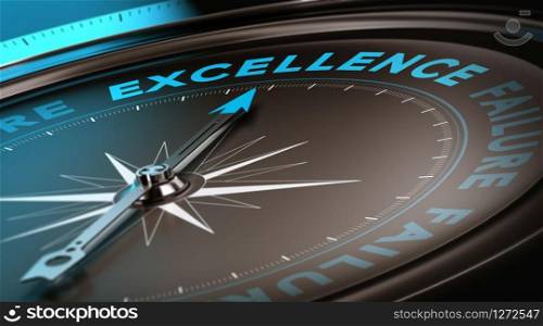 Compass with focus on the word excellence. Quality service concept suitable for motivational poster or header of a website. Blue and black tones. Excellence Concept, Quality Service