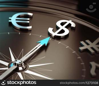 Compass with needle pointing dollar symbol with blur effect. Illustration of US safe heaven currency and investment solutions.. Dollar Safe Haven Currency - Investment Concept