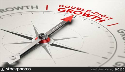 Compass with needle pointing the text double-digit growth. Financial concept. 3D illustration. . Double-Digit Growth Rate. Annual Results Concept