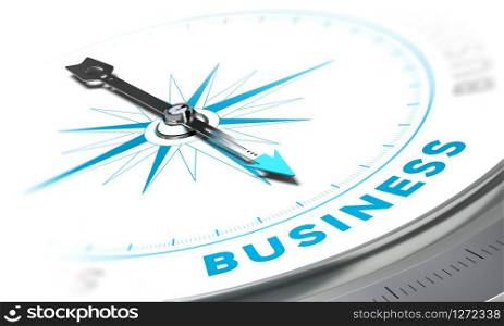 Compass with needle pointing the word business, white and blue tones. Background image for illustration of solutions concept. Business Solutions