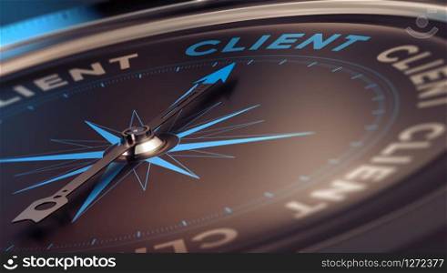 Compass with needle pointing the word client, concept image to illustrate CRM, customer relationship management.. Client