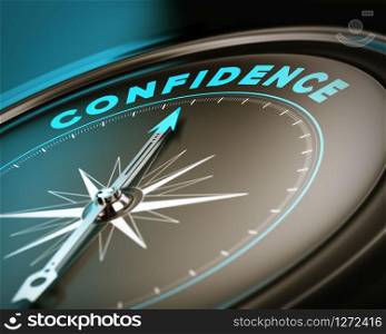 Compass with needle pointing the word confidence, self esteem concept with blue and brown tones. Focus on the top . Self Confidence Concept