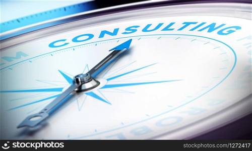Compass with needle pointing the word consulting, blur effect and blue tones. Concept illustration of consultancy. Business Consulting