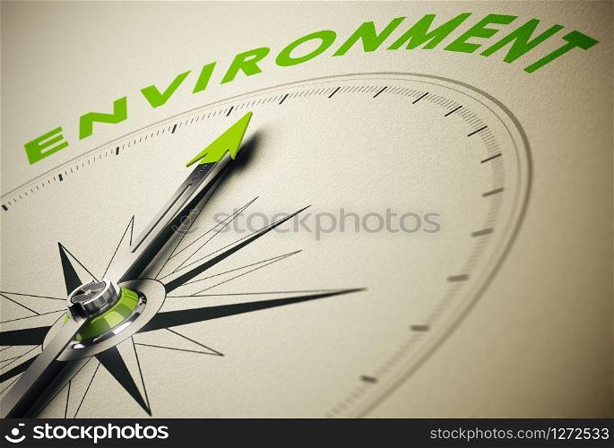 Compass with needle pointing the word environment, green and beige tones. Background image for illustration of environmental concept.. Environment