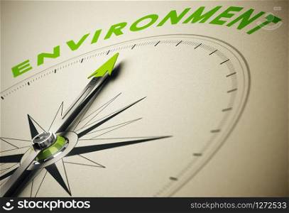 Compass with needle pointing the word environment, green and beige tones. Background image for illustration of environmental concept.. Environment