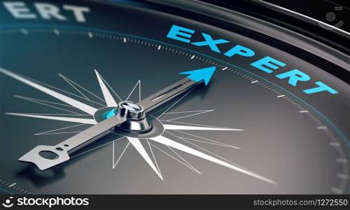Compass with needle pointing the word expert, concept image to illustrate business consulting and advisory.. Business Expert, Advice Concept