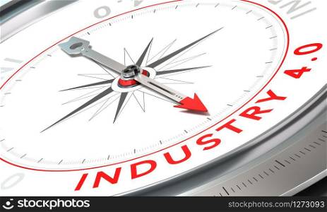 Compass with needle pointing the word industry 4.0. Concept of industrial future confidence concept over white background.. Industry 4.0