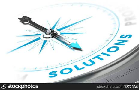 Compass with needle pointing the word solutions, white and blue tones. Background image for illustration of business solution. Solutions