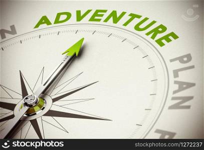 Compass with needle poiting the word adventure, green and beige tones. Adventure vs Plan