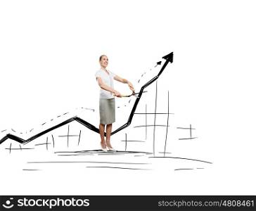 Competition concept. Conceptual image of young businesswoman against graph sketch