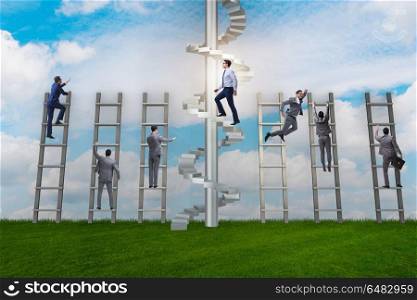 Competition concept with businessman beating competitors. Career progression concept with ladders and staircase. Competition concept with businessman beating competitors