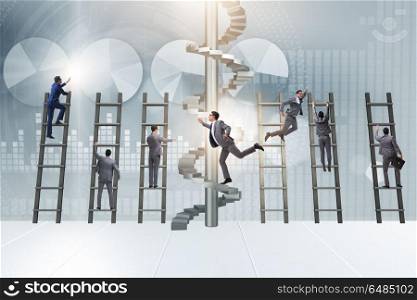 Competition concept with businessman beating competitors. Career progression concept with ladders and staircase. Competition concept with businessman beating competitors
