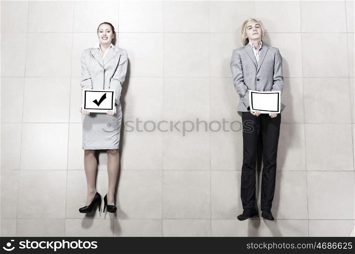 Competition in business. Businessman and businesswoman holding paper banners. Competitive concept